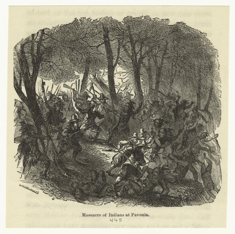 Massacre of Indians at Pavonia, 1643. (From History of the City of New York from Its Earliest Settlement to the Present Time by Mary L. Booth, 1859 (Courtesy of New York Public Library))