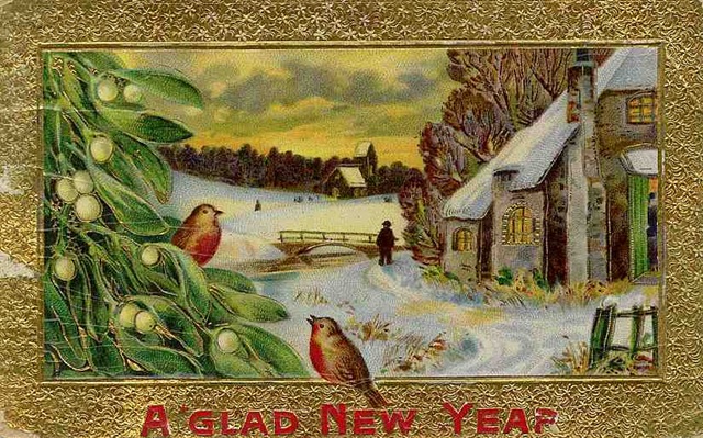 free-vintage-happy-new-year-cards-two-birds-snow-scene-mistletoe